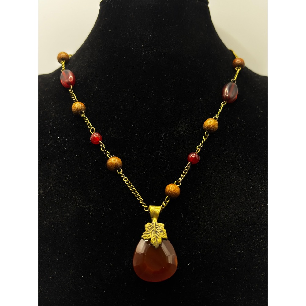 Sonoma Necklace Womens OS Brown‎ Red Genuine Stone Leaf Teardrop Beaded Wood